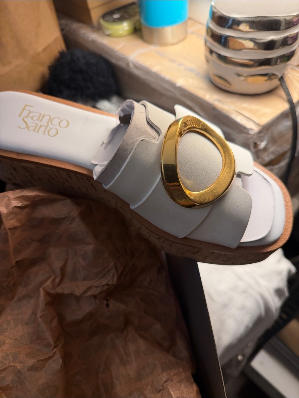 Franco Sarto White Slide Mule with Gold Accent Buckle